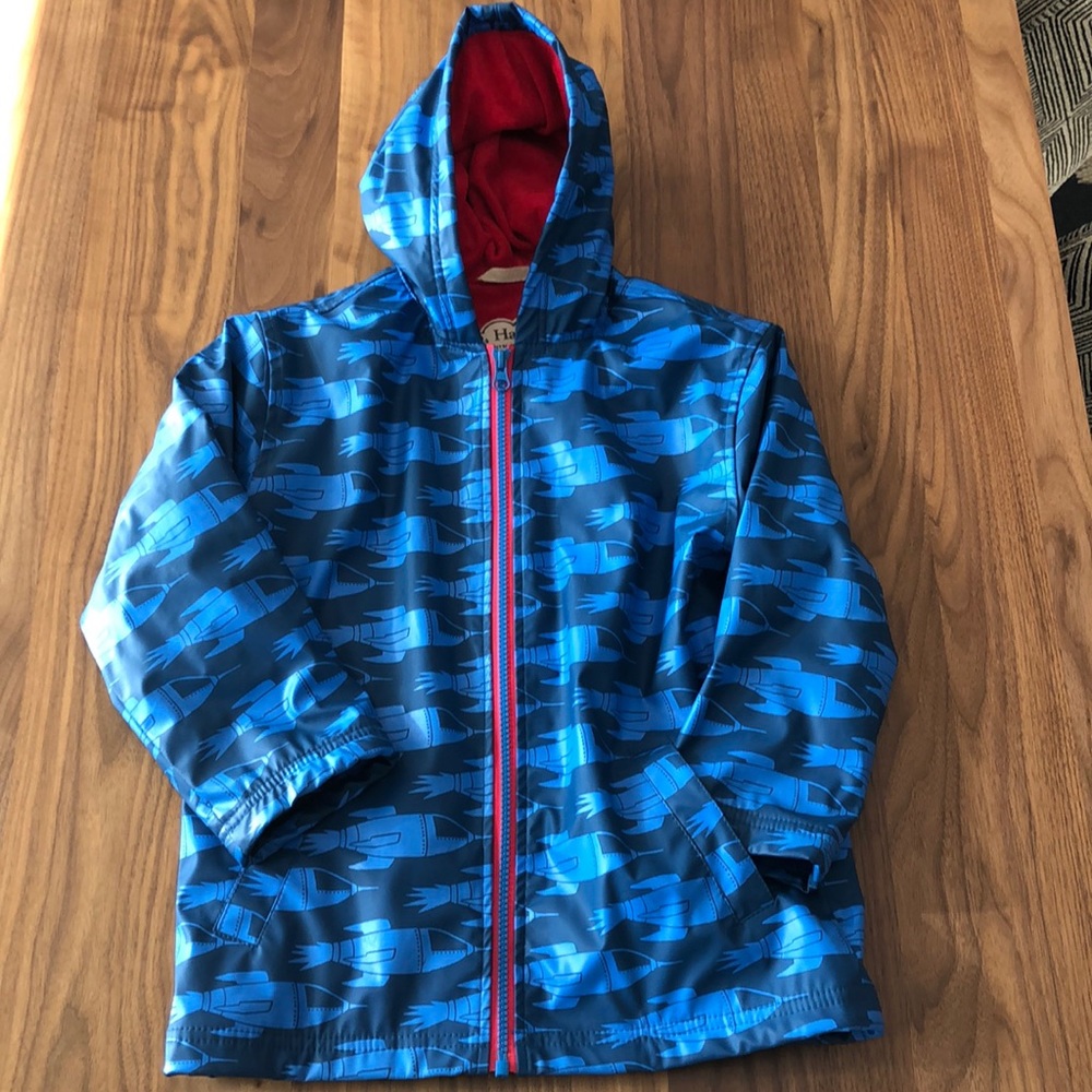 Hatley Blue Rocket Hooded Raincoat with Red Lining
